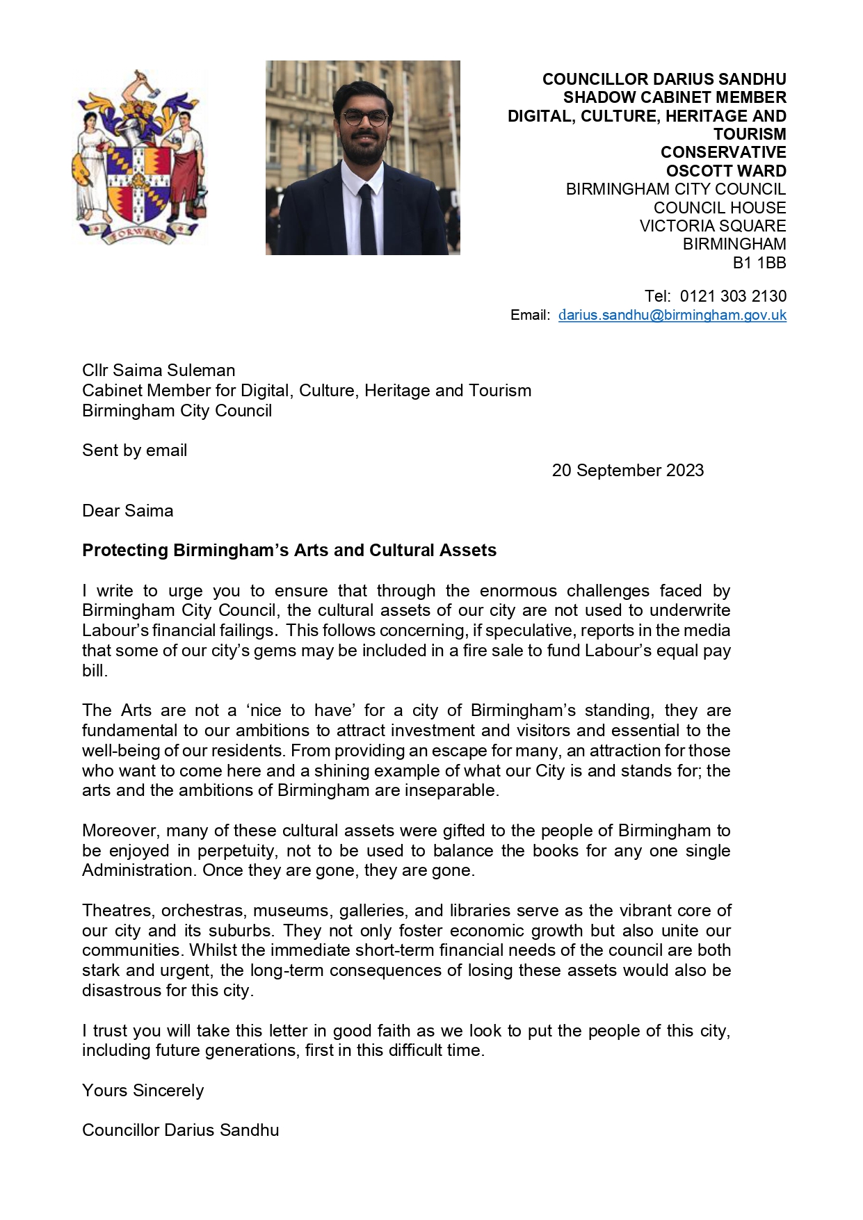 Letter from Cllr Darius Sandhu to Saima Suleman