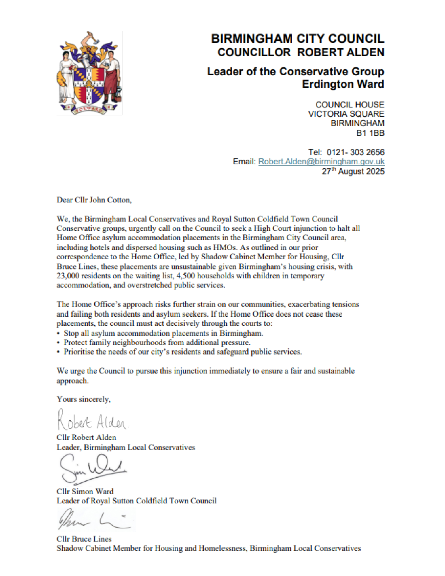 Letter calling for the council to apply for an injunction against the home office to stop the spread of asylum accommodation in Birmingham