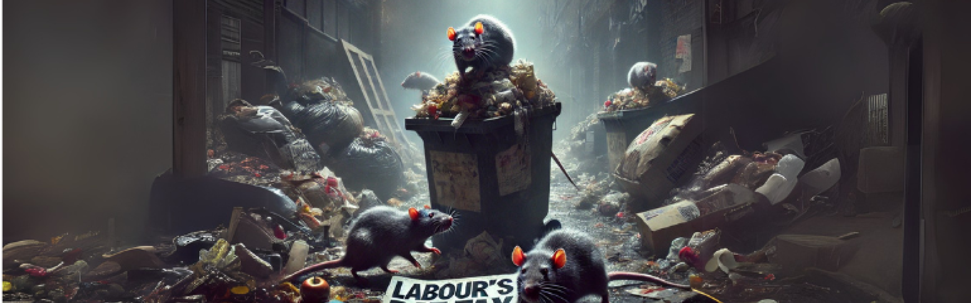 An Alley full of rubbish and rats with a flyer that reads "Labours rat tax, golden decade" 