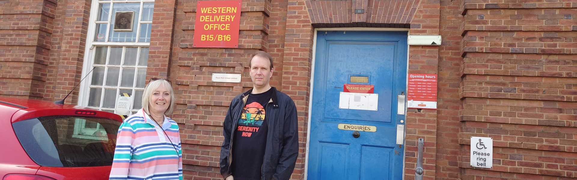 Matt and Deirdre outside the sorting office in Edgbaston 
