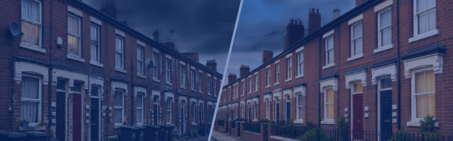 left side dilapidated houses. right side well kept houses