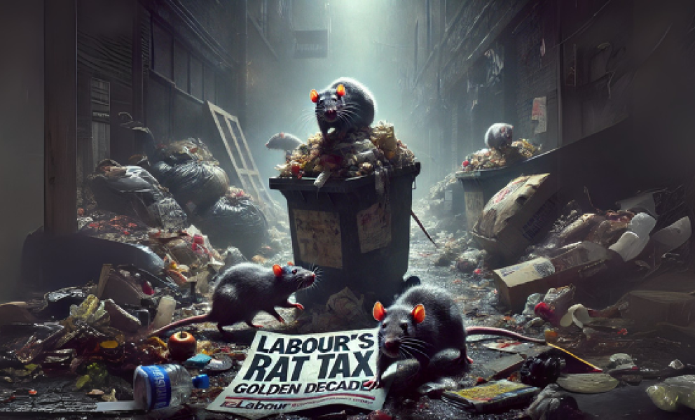 An Alley full of rubbish and rats with a flyer that reads "Labours rat tax, golden decade" 