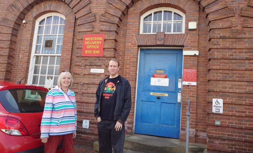 Matt and Deirdre outside the sorting office in Edgbaston 