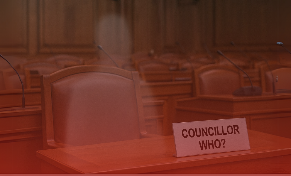 A ghostly figure sits in an empty council chamber