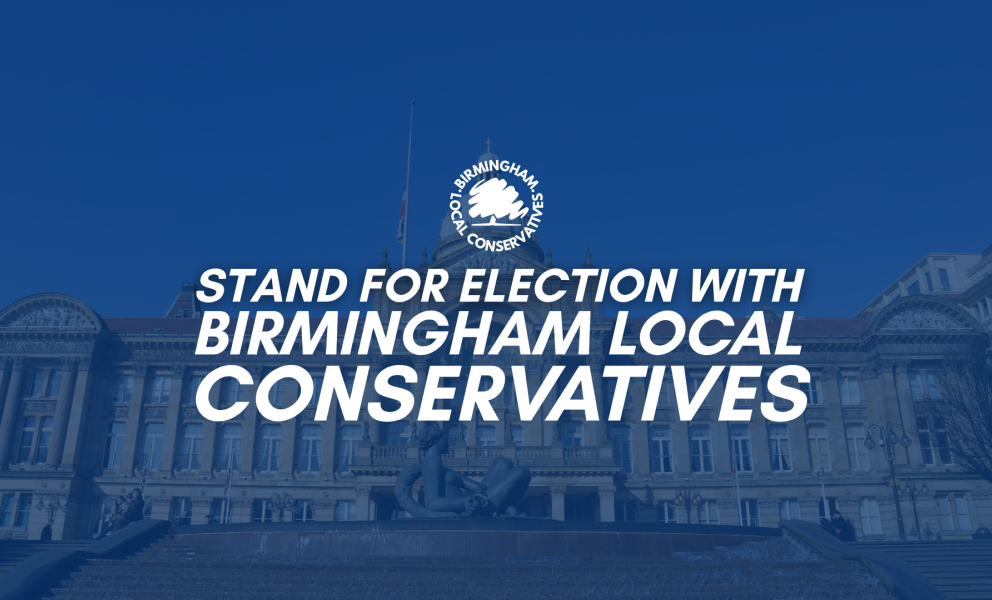 Birmingham City Council with "stand for election with Birmingham Local Conservatives" written in blue across the top