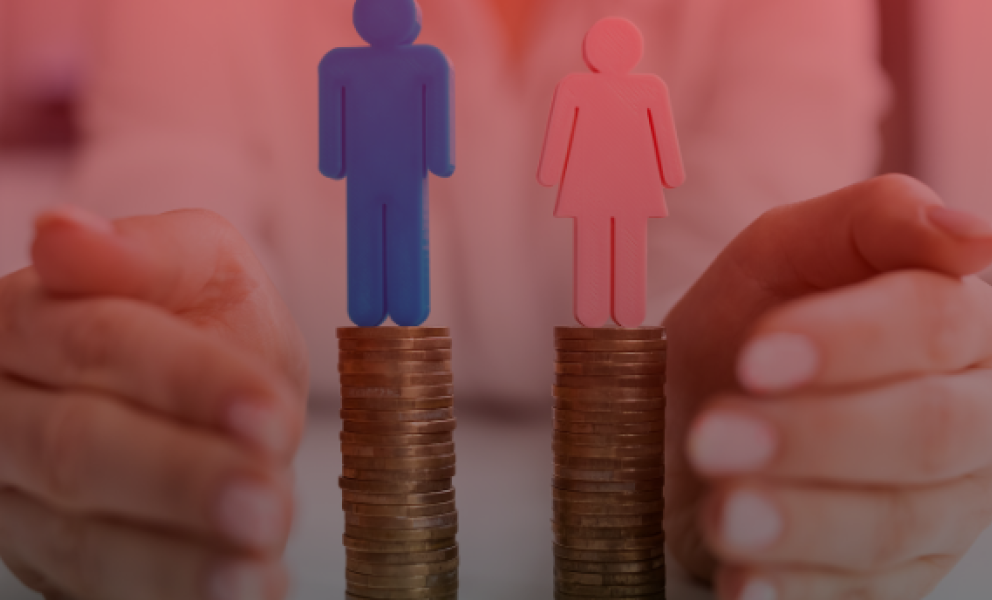 two stacks of coins with a blue man and a pink women atop