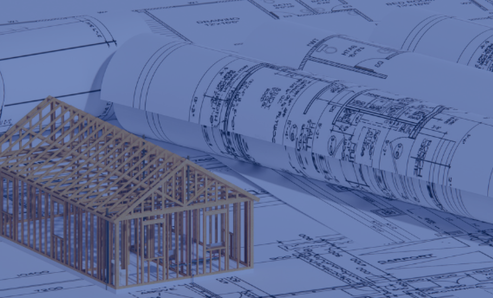 An architects drawing and a stick model of a large hall 