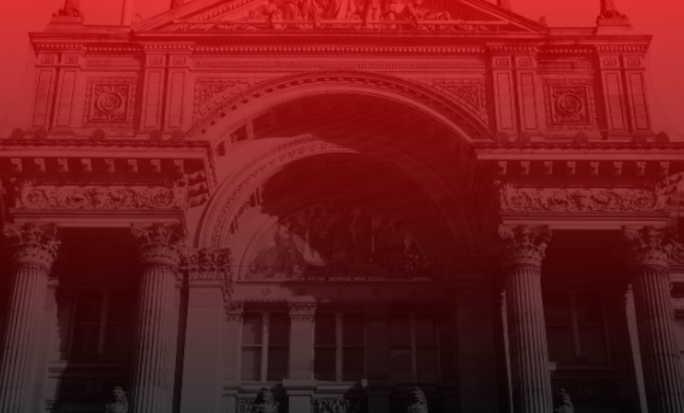 council house with a red and black overlay