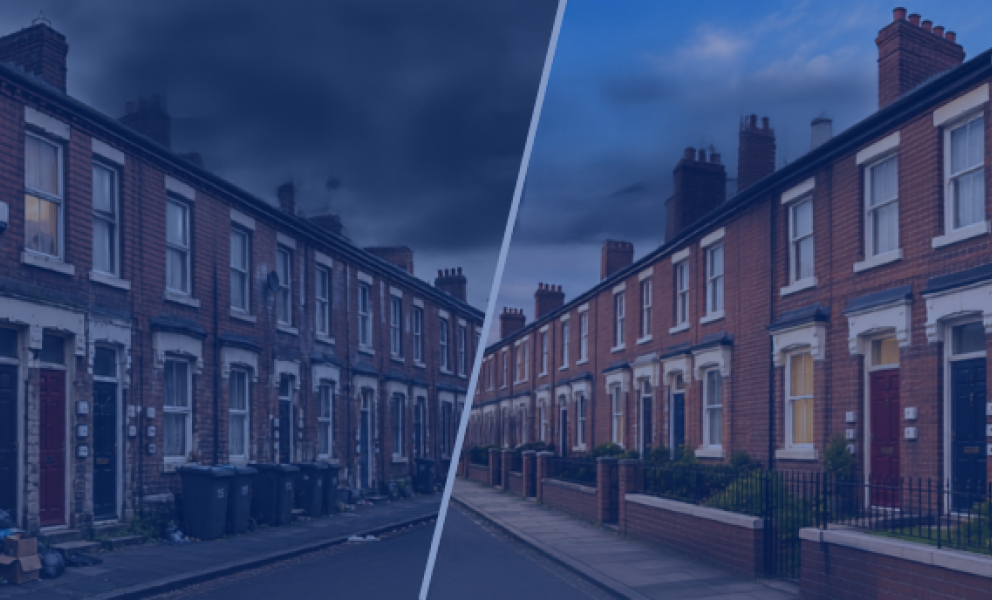 left side dilapidated houses. right side well kept houses