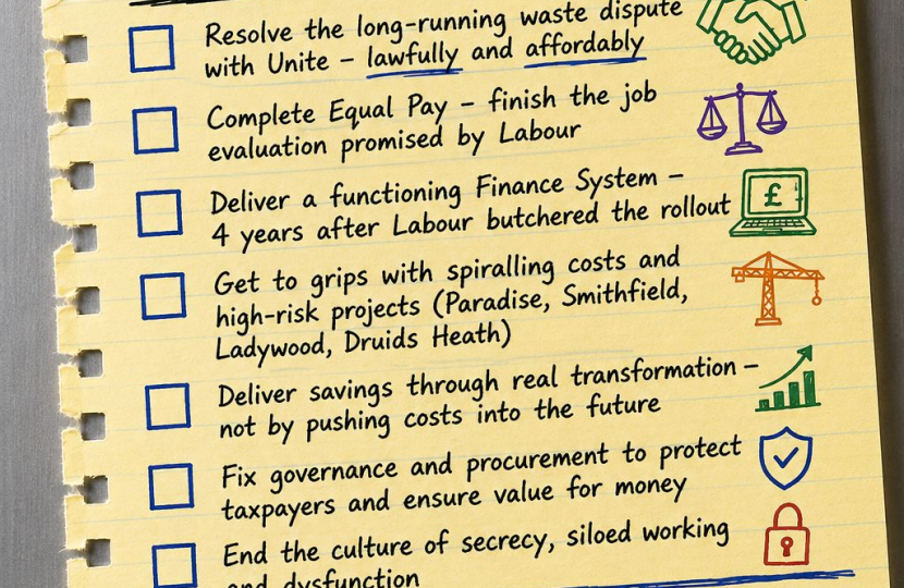 The image displays a list of serious issues any administration in Birmingham needs to tackle include fixing the potholes, ending the strike and balancing the books.