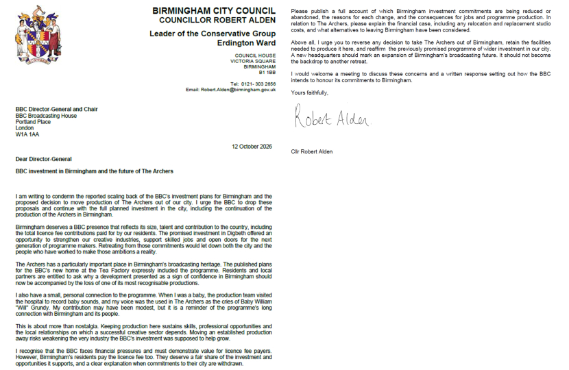 Letter to BBC demanding they continue investment into city