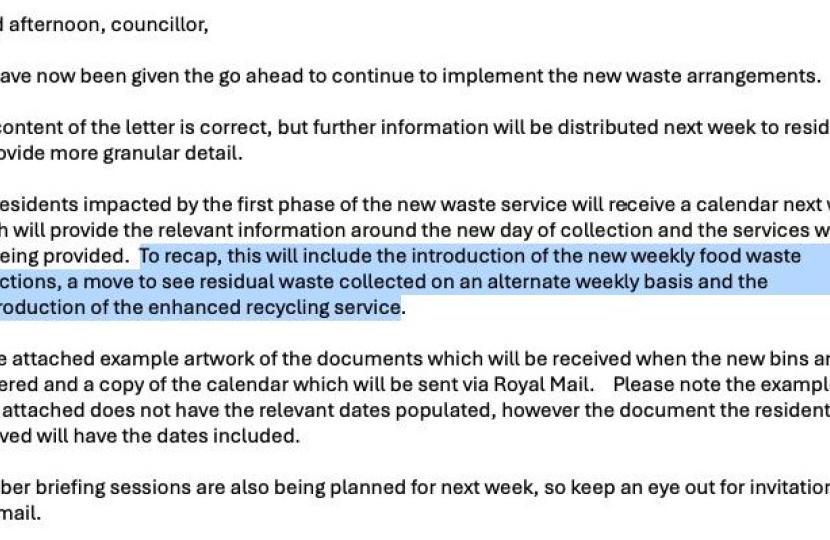 Email confirming scrapping of weekly bin collections