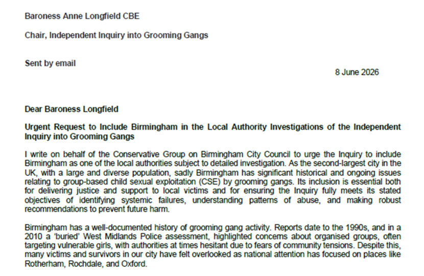 Page one of letter calling for Birmingham to be included in Grooming Gang inquiry