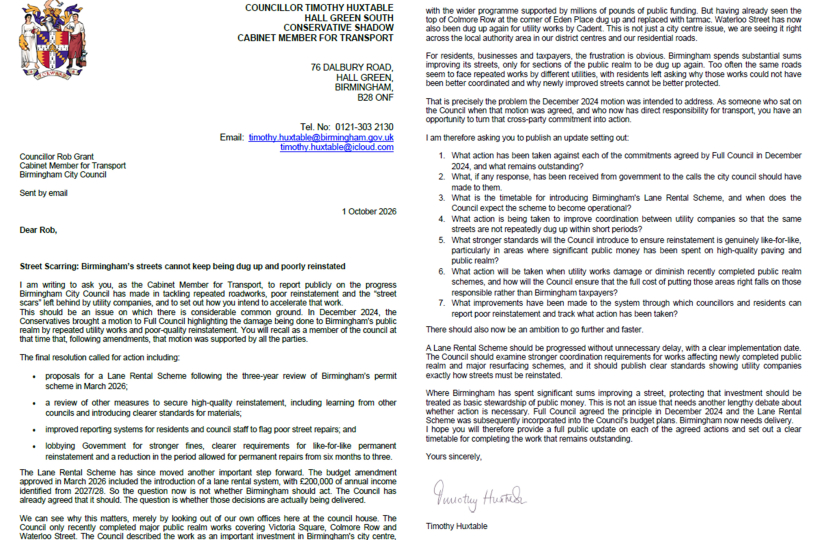 Cllr Huxtable letter calling for action