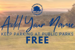Fading Sunset over Beacon Hill looking out at the Lickey Hills Country Park with text saying "Add your name, keep parking at public parks free"