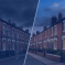 left side dilapidated houses. right side well kept houses