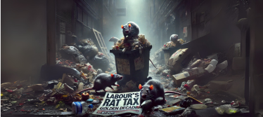 An Alley full of rubbish and rats with a flyer that reads "Labours rat tax, golden decade" 