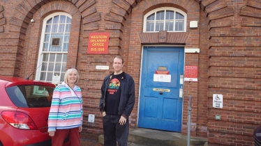 Matt and Deirdre outside the sorting office in Edgbaston 