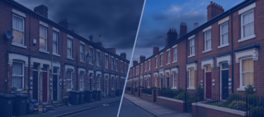 left side dilapidated houses. right side well kept houses