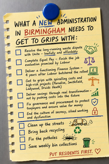 The image displays a list of serious issues any administration in Birmingham needs to tackle include fixing the potholes, ending the strike and balancing the books.