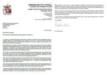 Letter to BBC demanding they continue investment into city