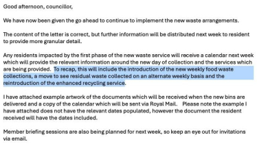 Email confirming scrapping of weekly bin collections