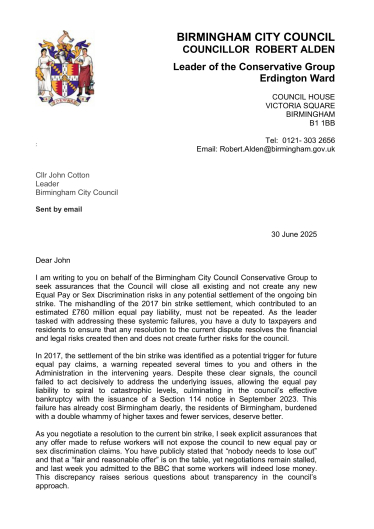 Cllr Alden write to Labour Leader John Cotton Page 1